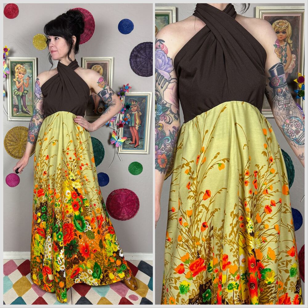Vintage 1960s Brown and Yellow Floral Open Back Twist Front Halter Maxi Dress